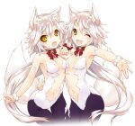  2girls age_of_ishtaria animal_ear_fluff animal_ears backless_leotard bell black_choker bow center_opening character_request choker fang hair_between_eyes hand_on_another&#039;s_waist highres jingle_bell long_hair looking_at_viewer multiple_girls navel neck_bell one_eye_closed open_hand open_mouth outstretched_arm pantyhose purple_pantyhose red_bow saeki_touma side_ponytail simple_background slit_pupils smile tail v-shaped_eyebrows very_long_hair white_background white_hair wolf_ears wolf_girl wolf_tail wristband yellow_eyes 