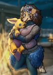  2022 absurd_res accessory anthro blizzard_entertainment blue_eyes blurred_background bonfire canid chancethecheetah clothed clothing detailed_background elinnette_duskstone female fire floppy_ears flower flower_crown flower_in_hair hair hair_accessory hi_res holding_object holding_plushie mammal paws plant plushie slightly_chubby smile smiling_at_viewer snow snowing solo warcraft were werecanid worgen 