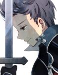  1boy armor closed_mouth commentary_request fire_emblem fire_emblem_fates green_eyes grey_hair hair_slicked_back holding holding_sword holding_weapon kanasiinezimakineko looking_down partial_commentary pensive quiff silas_(fire_emblem) solo sword weapon 