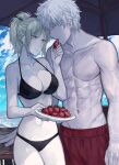  1boy 1girl bikini black_bikini blonde_hair blush breasts cleavage cloud cloudy_sky collarbone earrings feeding food fruit gintama hetero highres holding holding_food holding_fruit jewelry large_breasts looking_at_another navel open_mouth outdoors plate ponytail profile sakata_gintoki scar scar_on_cheek scar_on_face short_hair sky strawberry swimsuit topless_male tsukuyo_(gintama) veins veiny_arms white_hair zakirsiz 