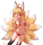  1girl absurdres animal_ear_fluff animal_ears arpeggio_kaga bikini black_thighhighs blonde_hair breasts dress fox_ears fox_girl fox_tail hair_between_eyes highres looking_at_viewer multiple_tails open_mouth original red_bikini red_eyes short_hair simple_background small_breasts solo standing swimsuit tail thighhighs thighs white_background 