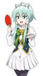  1girl blush crown dress full_body green_eyes green_hair hair_between_eyes hair_ornament isekai_wa_smartphone_to_tomo_ni. long_hair long_sleeves looking_at_viewer lucia_rea_regulus multiple_girls onomekaman open_mouth princess ribbon simple_background skirt smile solo table_tennis white_background 