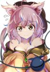  1girl animal_ears bare_shoulders blue_hair breasts brown_hair cat_ears cat_girl cat_tail cleavage commentary_request frown hat heart heart_of_string highres kana_(user_rkuc4823) kemonomimi_mode komeiji_koishi medium_breasts multicolored_hair off_shoulder sleeves_past_fingers sleeves_past_wrists solo streaked_hair tail third_eye tilted_headwear touhou two-tone_hair upper_body whiskers 