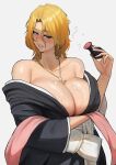  alcohol black_kimono bleach bleach:_the_thousand-year_blood_war blonde_hair blue_eyes blush bottle breasts cleavage drunk ghostdoctor hair_between_eyes haori highres huge_breasts japanese_clothes kimono lips matsumoto_rangiku pink_shawl sake sake_bottle shawl wet 