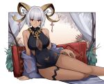 1girl absurdres animal_ears arknights black_one-piece_swimsuit branch breasts carnelian_(arknights) casual_one-piece_swimsuit curtains dark-skinned_female dark_skin goat_ears goat_girl goat_horns goat_tail gold_horns highres horns large_breasts leaf looking_at_viewer one-piece_swimsuit open_clothes pillow rain_(rain8649) red_eyes short_hair smile solo swimsuit white_hair 