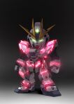  absurdres arms_at_sides chibi clenched_hands full_body glowing glowing_eyes gradient_background green_eyes gundam gundam_narrative highres looking_at_viewer making-of_available mecha mobile_suit narrative_gundam narrative_gundam_c-packs no_humans nt-d robot science_fiction sd_gundam shadow solo standing v-fin zakuma 