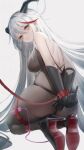  1girl absurdres aegir_(azur_lane) azur_lane backless_outfit bodystocking bound bound_arms bound_legs demon_horns from_behind hair_on_horn high_heels highres horns kneeling lin_jingling long_hair looking_at_viewer looking_back middle_finger multicolored_hair red_hair remote_control_vibrator restrained rope sex_toy streaked_hair vibrator white_hair yellow_eyes 
