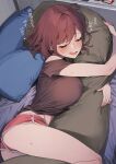  1girl 92m breasts brown_hair closed_eyes couch highres indoors lying on_couch original short_hair sleeping solo thighs translation_request 