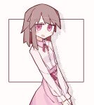  1girl border dithering dress from_side fusazakura highres looking_at_viewer open_mouth original outside_border own_hands_together pink_dress pink_eyes pink_ribbon ribbon shadow shirt simple_background solo white_background white_shirt 