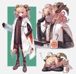  1girl blonde_hair coffee coffee_mug cup cyborg hand_in_pocket highres horns ichiyon id_card keyboard_(computer) lab_coat looking_at_viewer mechanical_ears mechanical_horns medium_hair messy_hair mug orange_eyes original science_fiction sleeping standing 