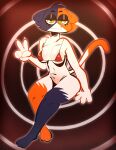  2023 :3 abstract_background absurd_res anthro bikini bikini_top bottomless bottomless_anthro bottomless_female breasts calico_cat claws clothed clothing domestic_cat epic_games felid feline felis female finger_claws fortnite full-length_portrait gabbah gesture half-closed_eyes hi_res looking_at_viewer mammal medium_breasts meow_skulls_(fortnite) narrowed_eyes portrait red_bikini red_clothing red_swimwear sitting solo swimwear v_sign yellow_eyes 