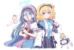  2girls absurdly_long_hair alice_margatroid alice_margatroid_(cosplay) aris_(blue_archive) aris_(blue_archive)_(cosplay) black_hair blonde_hair blue_archive blue_eyes cosplay costume_switch crossover hair_between_eyes highres kaoling long_hair multiple_girls one_side_up open_mouth ringed_eyes shanghai_doll short_hair simple_background touhou very_long_hair white_background 