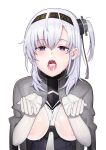  1girl absurdres and-j_(dlwjdqja1212) black_headband blue_eyes blush bodysuit breasts cape clothes_writing covered_nipples cum cum_in_mouth cum_on_tongue facial grey_cape hachimaki hair_between_eyes headband highres kantai_collection long_hair looking_at_viewer medium_breasts one_side_up open_mouth school_uniform see-through_bodysuit serafuku solo suzutsuki_(kancolle) white_bodysuit 