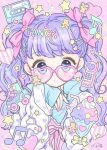  1girl :o blue_eyes bow glasses hair_bow heart heart-shaped_eyewear highres long_hair long_sleeves manamoko multiple_hairpins original pink-framed_eyewear purple_hair signature star_(symbol) twintails 