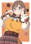  1girl alternate_hairstyle belt bespectacled black-framed_eyewear black_ribbon blush border bow braid breasts brown_background brown_eyes brown_hair brown_sweater_vest closed_mouth cowboy_shot eito12 frilled_shirt frills glasses hair_bow hair_ribbon hands_up highres idolmaster idolmaster_shiny_colors large_breasts long_hair long_sleeves looking_at_viewer neck_ribbon outside_border pink_skirt plaid plaid_skirt pleated_skirt red_belt red_ribbon ribbon shirt skirt smile solo sonoda_chiyoko standing starry_background sweater_vest twin_braids twintails v-shaped_eyebrows white_border white_shirt 