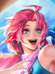  1girl :d alternate_costume alternate_hair_color alternate_hairstyle bare_shoulders blue_eyes earrings green_eyes green_one-piece_swimsuit gwen_(league_of_legends) hair_ornament heart heart_earrings heterochromia highres jewelry ladyofmorh league_of_legends one-piece_swimsuit pink_hair smile solo swimsuit teeth tongue tongue_out upper_teeth_only 