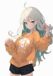  1girl ahoge black_shorts breasts chinese_commentary closed_mouth commentary cowboy_shot green_eyes grey_hair herfstijl highres long_hair long_sleeves looking_at_viewer medium_breasts orange_shirt original shirt short_shorts shorts simple_background solo white_background 