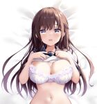  1girl blush bra breasts brown_hair clothes_lift large_breasts long_hair looking_at_viewer lying murasaki_(murasakiiro_no_yoru) navel on_back open_mouth original purple_eyes sailor_collar school_uniform serafuku shirt_lift solo underwear upper_body 