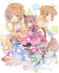  animal_ears blue_dress blue_footwear bow brown_hair cardcaptor_sakura cat_ears dress female_child green_eyes hair_between_eyes hano_luno happy highres holding holding_wand kero kinomoto_sakura magical_girl pink_bow pink_dress pink_footwear star_(symbol) variations wand yellow_dress 