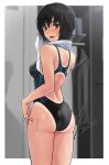  1girl amagami artist_name black_eyes black_hair black_one-piece_swimsuit blurry blurry_background border breasts competition_swimsuit depth_of_field from_behind highleg highleg_swimsuit highres indoors locker locker_room looking_at_viewer looking_back medium_breasts nanasaki_ai one-piece_swimsuit outside_border short_hair solo standing swimsuit towel towel_around_neck two-tone_swimsuit wet white_border yoo_tenchi 