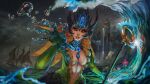  1girl absurdres breasts cloud cloudy_sky colored_skin crown gem green_skin hand_up highres holding holding_staff horns large_breasts lauraklein league_of_legends looking_at_viewer mermaid monster_girl nami_(league_of_legends) navel night ocean outdoors red_eyes red_lips ship sky smile solo staff teeth water watercraft waves 