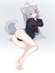  1girl absurdres ahoge animal_ear_fluff animal_ears ass bandaid bandaid_on_cheek bandaid_on_face bandaid_on_knee bandaid_on_leg bandaid_on_nose barefoot black_sailor_collar black_shirt blush borrowed_character commentary cropped_shirt grey_hair hair_ornament hairclip highres kilabo long_hair long_sleeves lying neckerchief on_side one-piece_swimsuit open_mouth original pink_eyes puffy_long_sleeves puffy_sleeves red_neckerchief rir-chan sailor_collar school_swimsuit shirt soles solo swimsuit swimsuit_under_clothes symbol-only_commentary tail toes wolf_ears wolf_girl wolf_tail 