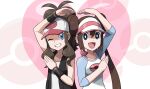  2girls :d baseball_cap black_vest brown_hair commentary_request double_bun doughnut_hair_bun grin hair_bun hat heart high_ponytail highres hilda_(pokemon) long_hair looking_at_viewer multiple_girls one_eye_closed open_mouth poke_ball_symbol pokemon pokemon_(game) pokemon_bw pokemon_bw2 raglan_sleeves rosa_(pokemon) shirt sidelocks sleeveless sleeveless_shirt smile teeth teru_zeta tongue upper_body vest visor_cap white_shirt wristband 