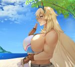  1girl absurdres bare_shoulders barghest_(fate) barghest_(swimsuit_archer)_(fate) barghest_(swimsuit_archer)_(final_ascension)_(fate) barghest_(swimsuit_archer)_(first_ascension)_(fate) beach biceps bikini blonde_hair blue_sky blush breasts brown_gloves fate/grand_order fate_(series) fingerless_gloves gloves green_eyes grey_skirt hat highres horns huge_breasts long_hair multicolored_bikini multicolored_clothes muscular muscular_female obazzotto open_mouth shore skirt sky solo swimsuit tree unworn_hat unworn_headwear white_bikini white_headwear 