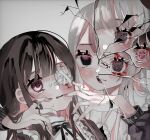  2girls black_bow black_bowtie black_eyes blush bow bowtie brown_hair center_frills colored_inner_hair cracked_screen eyepatch frills gauze gauze_over_eye grey_background grey_hair hanataro_(sruvhqkehy1zied) hands_up highres long_hair long_sleeves looking_at_another medical_eyepatch mismatched_pupils multicolored_hair multiple_girls nail_polish open_mouth original pink_eyes pink_hair pink_nails ringed_eyes scared simple_background smile sweat two-tone_hair upper_body 