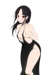  1girl alternate_costume areola_slip bare_shoulders black_dress black_hair blush breast_hold breasts collarbone coro_fae dress embarrassed evening_gown forehead groin hands_on_own_breasts highleg highleg_dress highres kaguya-sama_wa_kokurasetai_~tensai-tachi_no_renai_zunousen~ leaning_forward looking_at_viewer medium_hair nervous_smile no_bra no_panties open_mouth parted_bangs red_eyes shinomiya_kaguya side_slit simple_background slingshot_dress smile solo standing sweat sweatdrop thighs white_background 