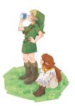  1boy 1girl belt blush bottle brown_belt brown_footwear closed_mouth cremia dress drinking grass green_headwear green_tunic hand_on_hip highres link looking_at_another milk milk_bottle orange_scarf pointy_ears profile scarf short_sleeves smile standing the_legend_of_zelda the_legend_of_zelda:_majora&#039;s_mask white_background white_dress yangyaozigo 