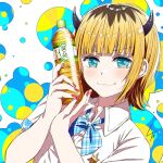  1girl 4b-enpitsu :3 blonde_hair blue_bow blue_bowtie blue_eyes blunt_bangs blush bottle bow bowtie chromatic_aberration closed_mouth collared_shirt commentary demon_horns dress_shirt fake_horns film_grain highres holding holding_bottle horns looking_at_viewer memcho nail_polish no_pupils oshi_no_ko plaid plaid_bow plaid_bowtie red_nails shadow shirt short_hair short_sleeves sidelocks signature smile solo unmoving_pattern upper_body white_background white_shirt 