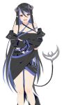  1girl :d akitetsu arms_under_breasts bandeau belt black_bandeau black_belt black_hair black_jacket black_skirt blue_belt blue_hair breasts brown_eyes chest_belt cleavage collarbone crossed_arms curled_horns demon_girl demon_horns demon_tail fangs feet_out_of_frame grey_horns hair_between_eyes hebiyoi_tier highres horns jacket large_breasts long_bangs long_hair long_sleeves looking_at_viewer multicolored_hair nanashi_inc. off_shoulder open_mouth pointy_ears sidelocks simple_background skirt smile snake_bite solo tail two-tone_hair virtual_youtuber white_background 