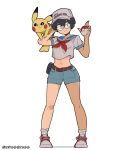  1girl arm_behind_head arm_up artist_name baseball_cap belt black_hair blue_sailor_collar blue_shorts briggbragg commentary cropped_shirt english_commentary full_body glasses hand_up hat highres holding holding_poke_ball midriff navel neckerchief original photo-referenced pikachu poke_ball pokemon pokemon_(creature) pouch red_footwear red_neckerchief sailor_collar shirt shoes short_hair shorts sneakers solo standing twitter_username white_headwear white_shirt 