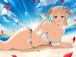 1girl animal_ears backlighting bare_shoulders beach bell blonde_hair blue_eyes blue_sky blush bow bow_panties bra breasts cleavage cliff cloud collarbone confetti dawn day dog_ears dog_girl earrings frilled_bra frilled_panties frills green_eyes groin hair_bell hair_between_eyes hair_ornament hair_ribbon heterochromia highres horizon jewelry jingle_bell lace-trimmed_bra lace-trimmed_panties lace_trim large_breasts lens_flare light_particles linea_alba looking_at_viewer lying morning navel ocean official_alternate_costume official_art on_side open_mouth outdoors panties ribbon ryouna_(senran_kagura) sand senran_kagura senran_kagura_new_link senran_kagura_shinovi_versus shore short_hair side-tie_panties skindentation sky smile solo sparkle sun sunlight sunrise tongue tree underwear water wet white_bra white_panties white_ribbon yaegashi_nan 