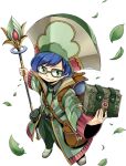  1boy backpack bag blue_hair book brown_bag collared_shirt falling_leaves full_body gate_of_nightmares glasses green_eyes green_headwear green_jacket green_necktie green_pants green_shirt hat highres holding holding_book holding_staff jacket leaf looking_at_viewer mashima_hiro necktie official_art open_clothes open_jacket pants rectangular_eyewear shirt shoes short_hair shoulder_bag simple_background solo staff tom_casa_(gate_of_nightmares) transparent_background 