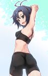  1girl :d antenna_hair arm_behind_head armpits arms_up ass back bare_back bare_shoulders bike_shorts black_eyes black_hair black_shorts black_sports_bra blue_background blush breasts cameltoe commentary cowboy_shot from_behind gradient_background hair_between_eyes heppoko_r highres idolmaster idolmaster_(classic) kikuchi_makoto leaf light_blush looking_at_viewer looking_back midriff open_mouth short_hair shorts shoulder_blades skindentation small_breasts smile solo sports_bra standing stretching tree twisted_torso white_background 