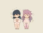  2girls ahoge akebono_(kancolle) black_hair closed_eyes hair_down kantai_collection messy_hair multiple_girls pajamas pants purple_hair saiguchi_otoufu shirt sleepy standing striped striped_pants striped_shirt undressing ushio_(kancolle) 