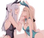  2girls absurdres ak-12_(girls&#039;_frontline) alternate_costume an-94_(girls&#039;_frontline) animal_ears aqua_eyes aqua_leotard black_leotard blonde_hair blush braid breasts cleavage closed_eyes fake_animal_ears feet_out_of_frame french_braid girls&#039;_frontline highres kavni leotard long_hair looking_at_another medium_breasts multiple_girls open_mouth playboy_bunny ponytail rabbit_ears rabbit_tail saliva_swap sidelocks simple_background small_breasts tail tongue tongue_out upper_body white_hair white_wrist_cuffs wrist_cuffs yuri 