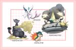  :&lt; border bright_pupils character_name closed_mouth commentary cyndaquil espeon ferrothorn fire fusion growlithe hippowdon jirachi kazuko_(towa) manectric mienfoo no_humans pokemon pokemon_(creature) red_eyes sand spikes tongue tongue_out white_pupils 