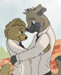  2013 anthro black_necktie blue_eyes bluekyokitty brick_wall brown_body brown_fur canid canine canis cel_shading clothing day detailed_background digital_drawing_(artwork) digital_media_(artwork) domestic_dog dress_shirt duo embrace eye_contact eyebrows fur green_eyes head_tuft looking_at_another low_res male male/male mammal necktie outside plant romantic sebdoggo shaded shirt tail topwear tree tuft wall_(structure) white_clothing white_shirt white_topwear 