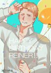  1boy balloon blonde_hair blush collared_shirt goatee_stubble hand_up happy happy_birthday highres holding holding_balloon lllsaedesu male_focus one_eye_closed reiner_braun shingeki_no_kyojin shirt short_hair smile solo upper_body 