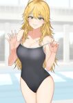  1girl ahoge blonde_hair blurry blurry_background blush breasts cleavage competition_school_swimsuit green_eyes highres hoshii_miki idolmaster idolmaster_(classic) idolmaster_million_live! large_breasts long_hair looking_at_viewer pool school_swimsuit smile solo swimsuit tsurui very_long_hair 