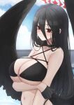  1girl absurdres bikini black_bikini black_choker black_gloves black_hair black_wings blue_archive blush breasts choker cleavage criss-cross_halter feathered_wings gloves hair_between_eyes halo halterneck hasumi_(blue_archive) highres holding_own_arm large_breasts looking_at_viewer mofu07519 mole mole_under_eye navel o-ring o-ring_bikini outdoors red_eyes red_halo smile solo stomach swimsuit upper_body wings 
