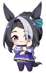  1girl :3 animal_ears black_hair blush bow chibi closed_mouth commentary_request ear_ornament full_body highres horse_ears horse_girl horse_tail long_sleeves looking_at_viewer mejiro_ramonu_(umamusume) multicolored_hair pleated_skirt plover purple_eyes purple_serafuku purple_shirt purple_skirt purple_thighhighs school_uniform serafuku shirt short_hair simple_background skirt solo streaked_hair tail thighhighs tracen_school_uniform umamusume white_background white_bow white_hair winter_uniform 