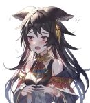  1girl animal_ears ascot bare_shoulders black_hair black_shirt blush breasts cleavage detached_collar earrings ears_down flying_sweatdrops granblue_fantasy jewelry long_hair looking_to_the_side motion_lines nier_(granblue_fantasy) off_shoulder raised_eyebrows red_eyes scrunchie shiromimin shirt simple_background single_earring small_breasts solo sweat tank_top upper_body white_background wrist_scrunchie 