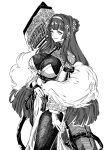  1girl breasts daiyan_(girls&#039;_frontline_nc) feather_boa furauji girls&#039;_frontline_neural_cloud greyscale grin guzheng hairband highres large_breasts long_hair monochrome simple_background smile solo very_long_hair white_background 