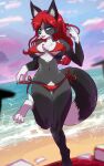  absurd_res anthro beach bikini canid canine clothed clothing damn_lasso_tool female fox fur hair hi_res looking_at_viewer mammal outside sand saoirse_(wallooner97) seaside solo swimwear water 