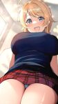  1girl :d ahoge blonde_hair blue_eyes blue_shirt blue_skirt blush breasts commentary_request from_below hachimiya_meguru highres idolmaster idolmaster_shiny_colors indoors large_breasts looking_at_viewer open_mouth plaid plaid_skirt red_skirt shiitake_taishi shirt skirt smile solo thighs 
