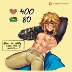  1boy abs absurdres akaihimi arm_behind_head blonde_hair bulge clothes_lift english_text highres leaning_back like_and_retweet link looking_at_viewer meme muscular muscular_male nipples pectorals pointy_ears shirt_lift the_legend_of_zelda the_legend_of_zelda:_tears_of_the_kingdom twitter_strip_game_(meme) undressing 